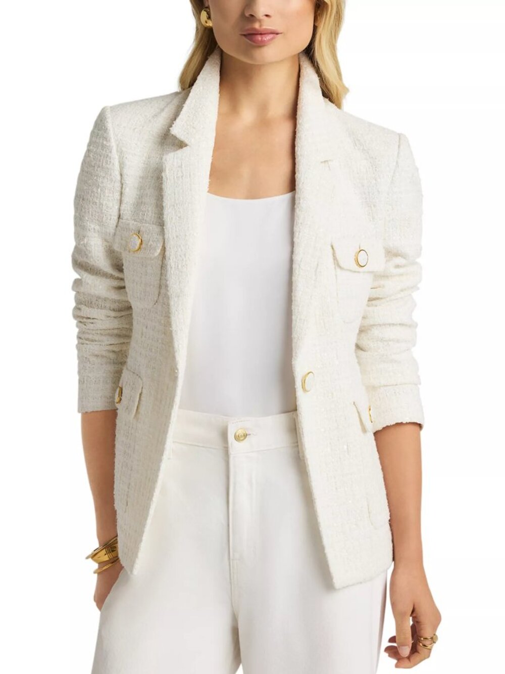 1795$ St. John Tweed Mixed Media Blazer Jacket Women's Size 10 Ivory